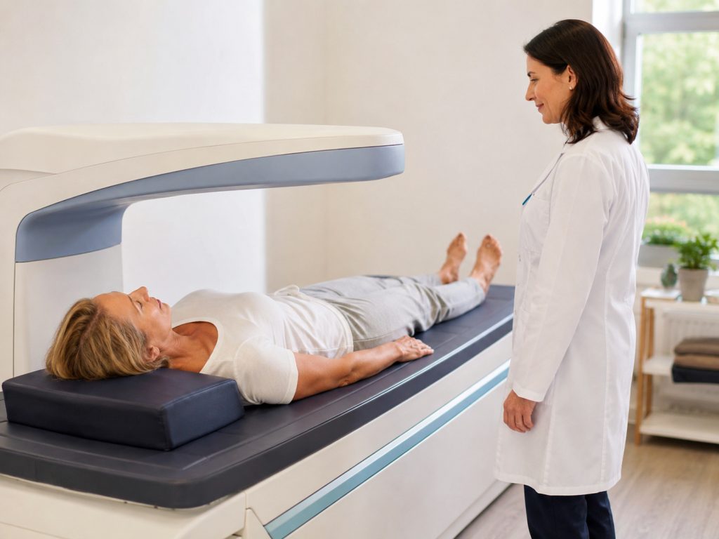Paziente durante un esame MOC con densitometria ossea DEXA