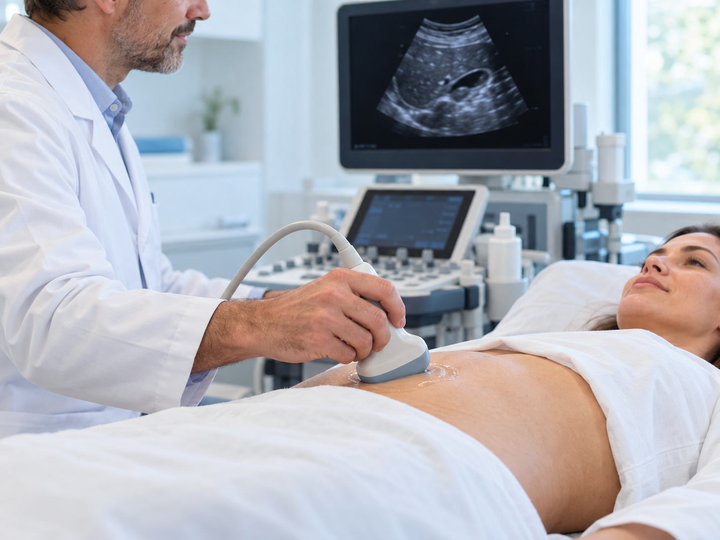 Medico esegue un’ecografia addominale su una paziente distesa sul lettino.